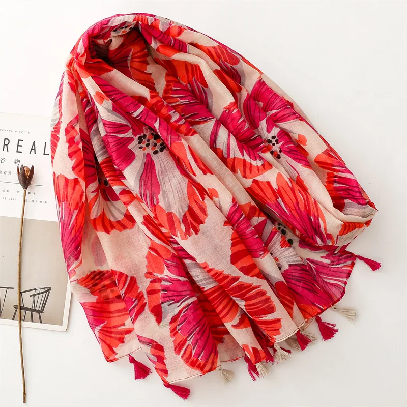 ナショナルスタイルスカーフ夏旅行日焼け止めスカーフ芸術アクセサリー写真撮影バリガーゼ赤い花蘭ショール