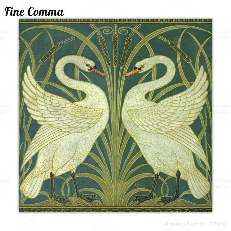 Vintage Poster Swans Canvas Print Wall Art Walter Crane Vintage Bird Swan Painting Antique Bird Cattails Art Nouveau Picture