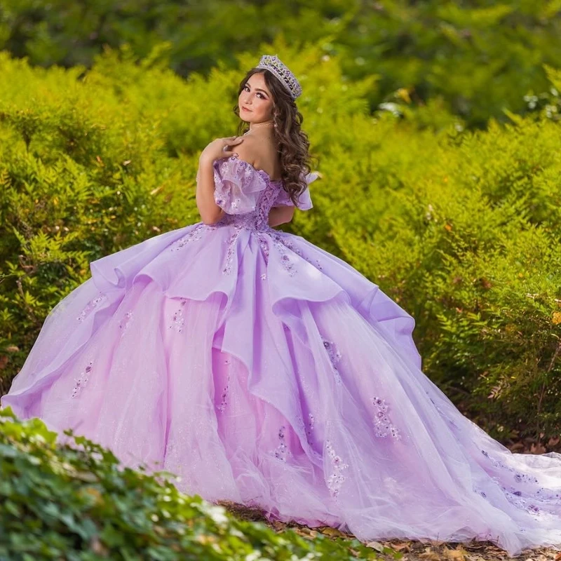 فساتين Quinceanera باللون الخزامى مزينة بالدانتيل والخرز قبالة الكتف لحفلات أعياد الميلاد فستان حفلة عيد ميلاد حلو 16 فيستدوس 15 دي أنوس