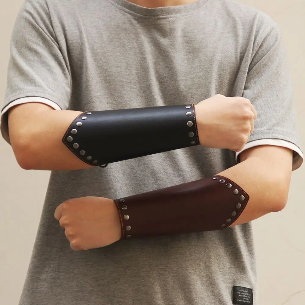 Accesorios deportivos, protector de brazo de tiro con arco de cuero, guantelete Punk, brazalete vikingo, correa segura negra y marrón para hombres y mujeres