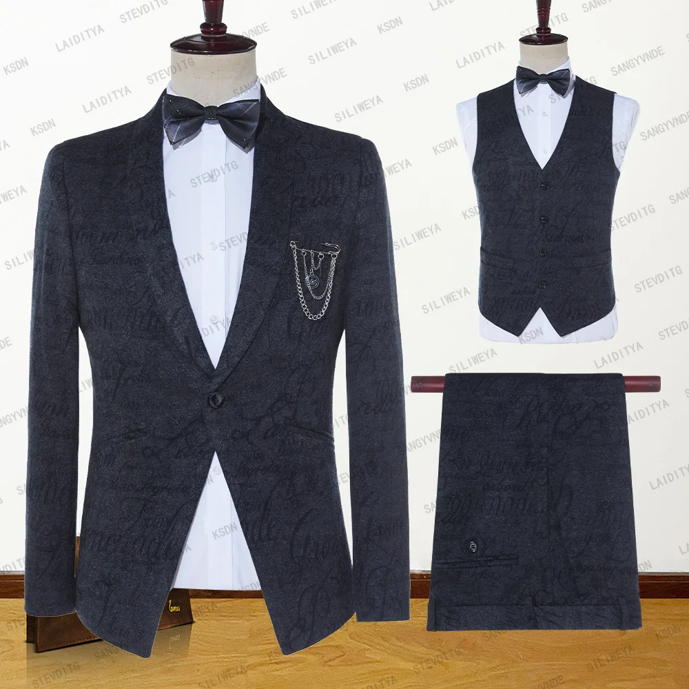 2023 New Men Suit Dark Grey Black Velvet Printed Shawl Lapel Male Wedding Groom Slim Fit Blazer Set Tuxedo(Jacket+Pant+Vest)