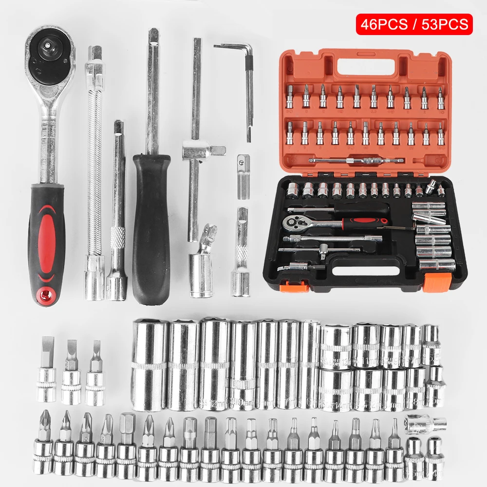 Motorcycle Repair Tools 46Pcs 53Pcs 1/4Inch Drive Socket Set Ratchet Torque Socket Wrench Rod Torx Bit Socket Bike Removal Tools