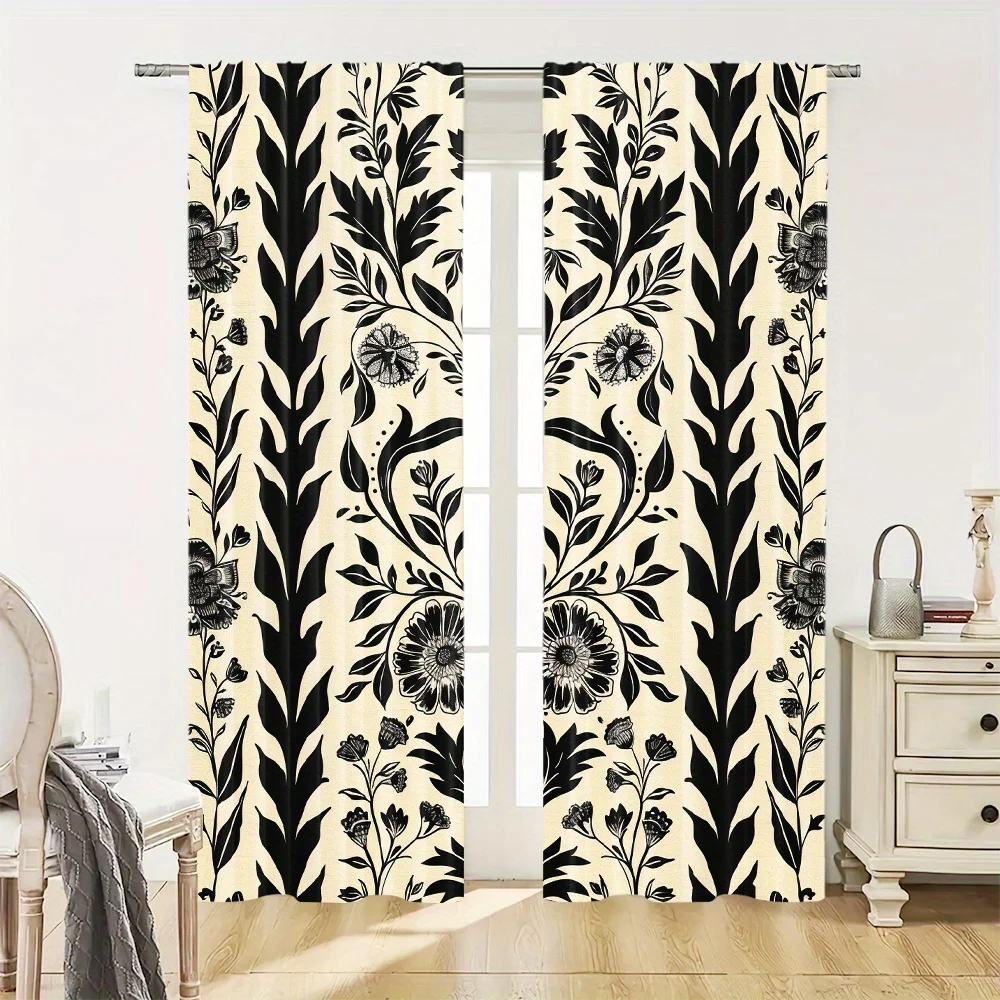 Elegant Black and White Botanical Floral Damask Printed Curtains Pair for Living Room Bedroom Window Home Decor Window Curtain