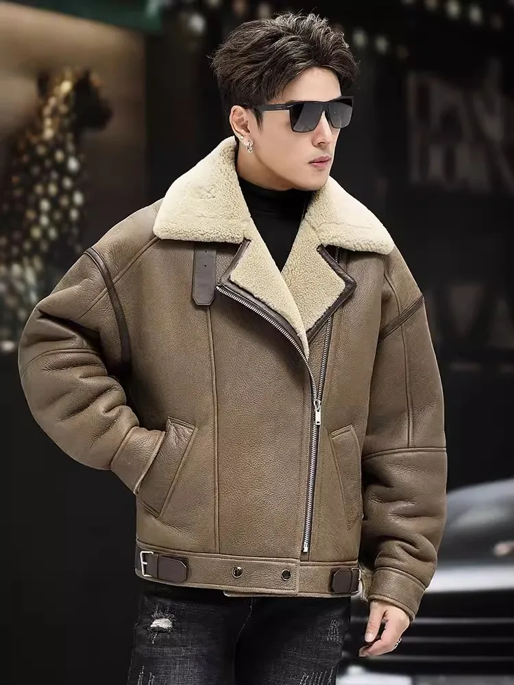 Cappotto invernale di lusso da uomo caldo fodera in lana Business Casual pelle di pecora vera pelle giacca in vera pelliccia cappotto in Shearling