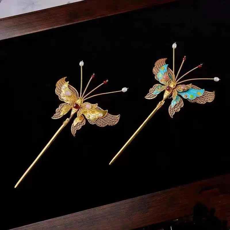 

Изысканная заколка-бабочка с расшитыми крыльями, античная китайская палочка для волос для женщин, исторический драматический костюм, одежда ханьфу