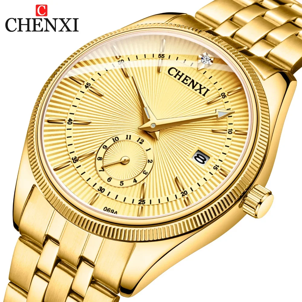 

CHENXI 069 Luxury Brand Leisure Couple Watch Gold Stainless Steel Quartz Calendar Watch Men's and Women's Waterproof Watch