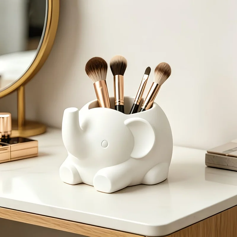 3D Printed Cute White Elephant Resin Makeup Brush Holder Cosmetic Storage Tabletop Sculpture Decor