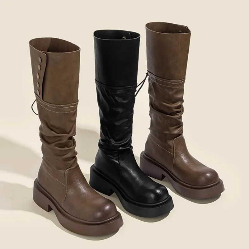 Women's Boots Vintage Slouchy Ruched Round Toe Platform Chunky Heel Knee High Riding Boots Autumn Winter New Shoes Black Brown