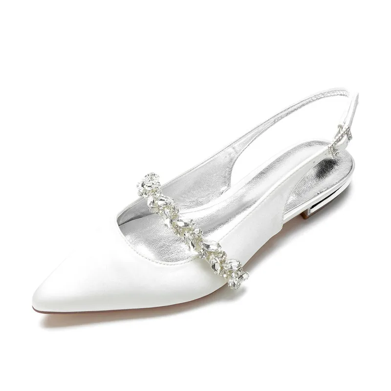 

Satin Rhinestones Wedding Flats Shoes for Bride Pointed Toe Buckle Evening Formal Party Slingbacks Women Flat Bridal Sandals