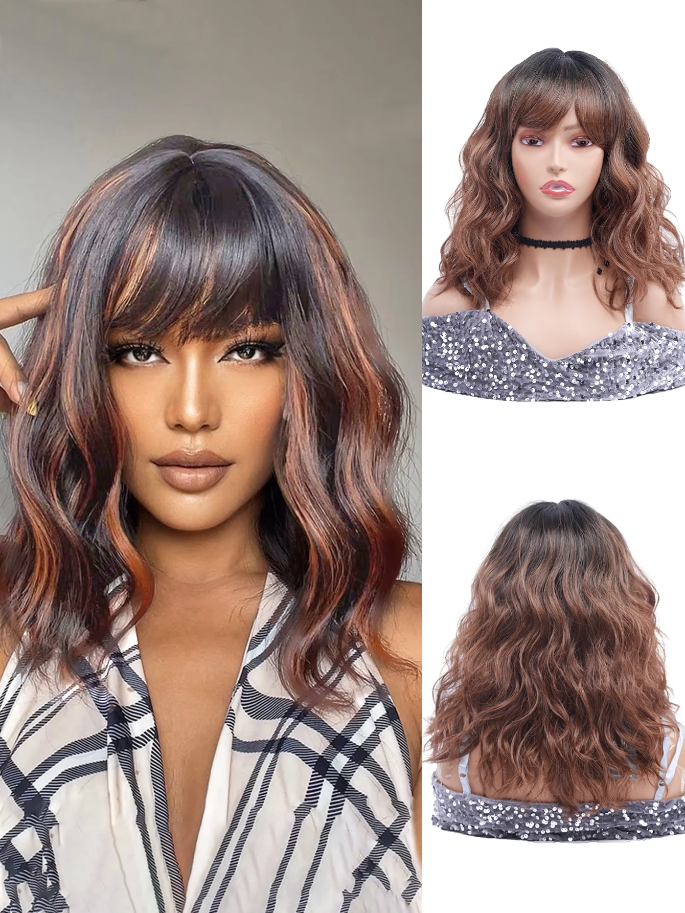 

Natural Synthetic Hair Wig for Women Lady Short Wavy Curly Wigs with Bangs Heat Resistant Daily Costume Party Mommy Wig