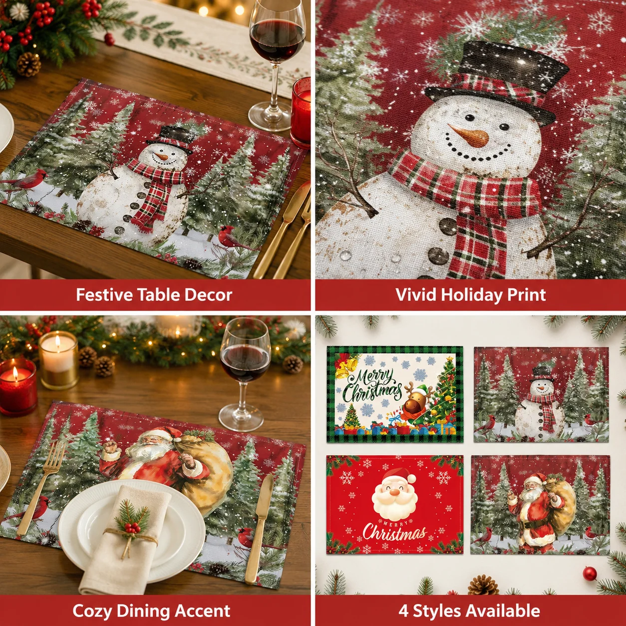 Christmas Placemats Set, Santa Claus Linen Table Mats, Stain Resistant Heat Insulated Holiday Dining Table Decor