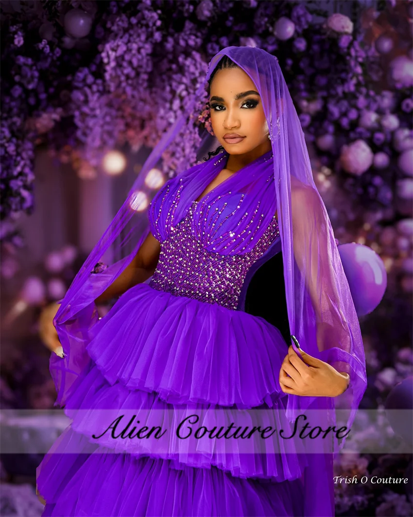 2024 Purple Tulle Evening Dresses Bead Crystal Diamonds Halter Wedding Party Dress Ruffles Vestidos De Novias Customized 