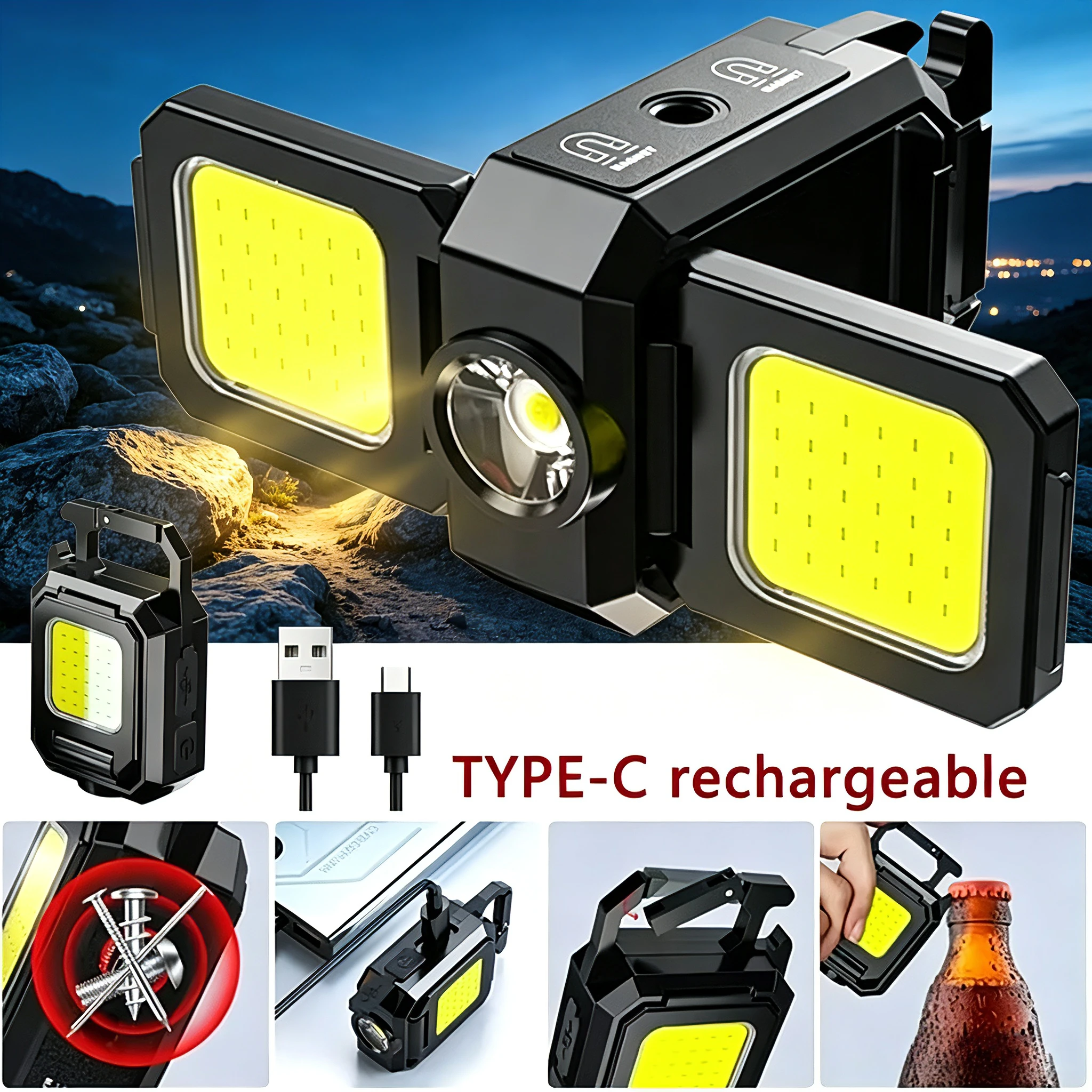Mini Flashlight Keychain Light COB Work Light USB Rechargeable Lamp with 90° Foldable Side Lights Super Bright Portable Lanterns