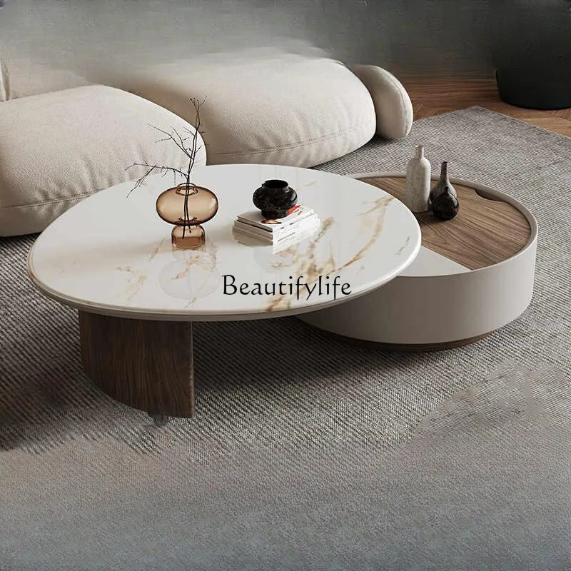 Cream wind round coffee table Modern minimalist rotatable rock slab round coffee table