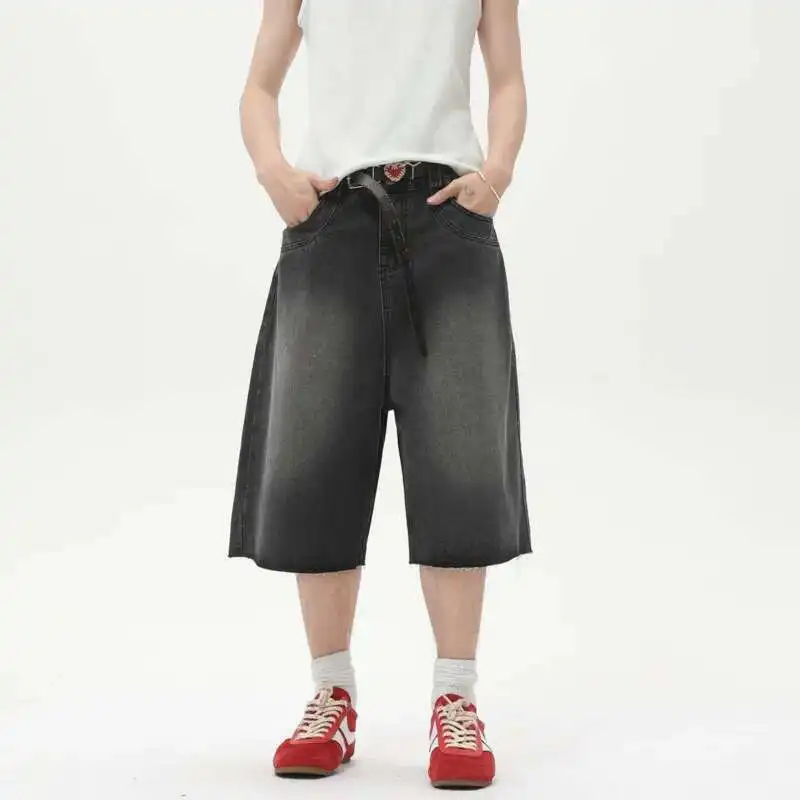 2025 Summer New Fashion Men's Denim Shorts Casual Straight Leg Loose Wide Leg Jeans Over Knee Length Trendy Male Shorts