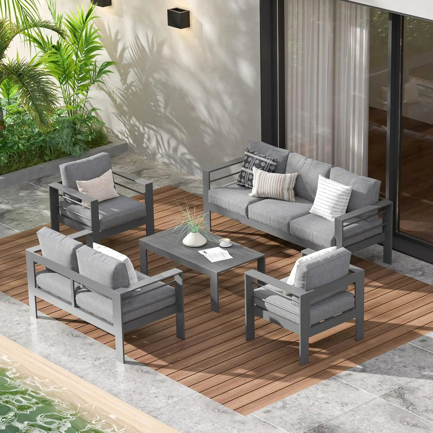 Aluminum Outdoor Patio Furniture Set, Modern Patio Conversation Sets, Outdoor Sectional Metal Sofa with 5 Inch Cushion,Dark Grey