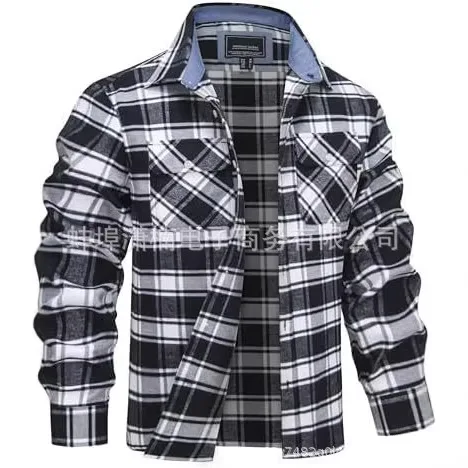 Men's Long Sleeve Plaid Shirt Men's Button Double Pocket Long Sleeve Lapel Shirt