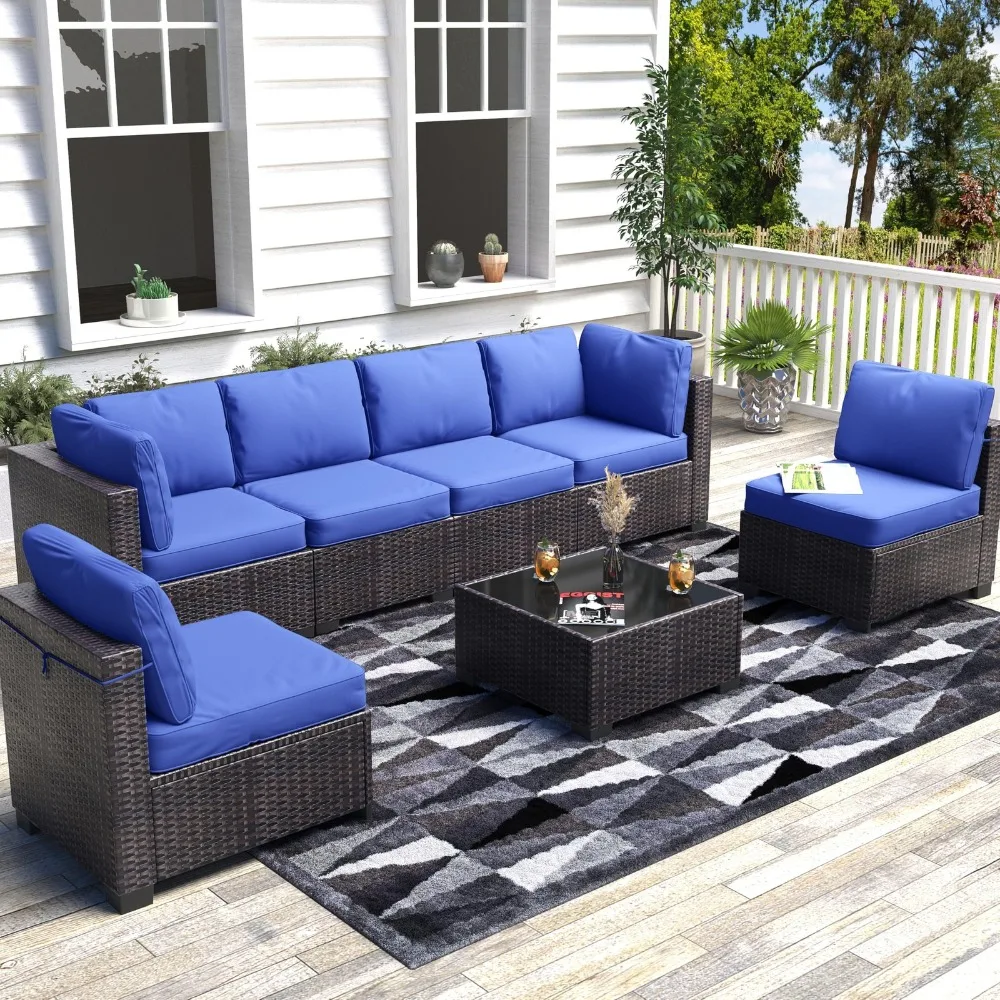 

7Pcs Outdoor Patio Couches, Wicker Sectional Sofa with Coffee Table & Cushions