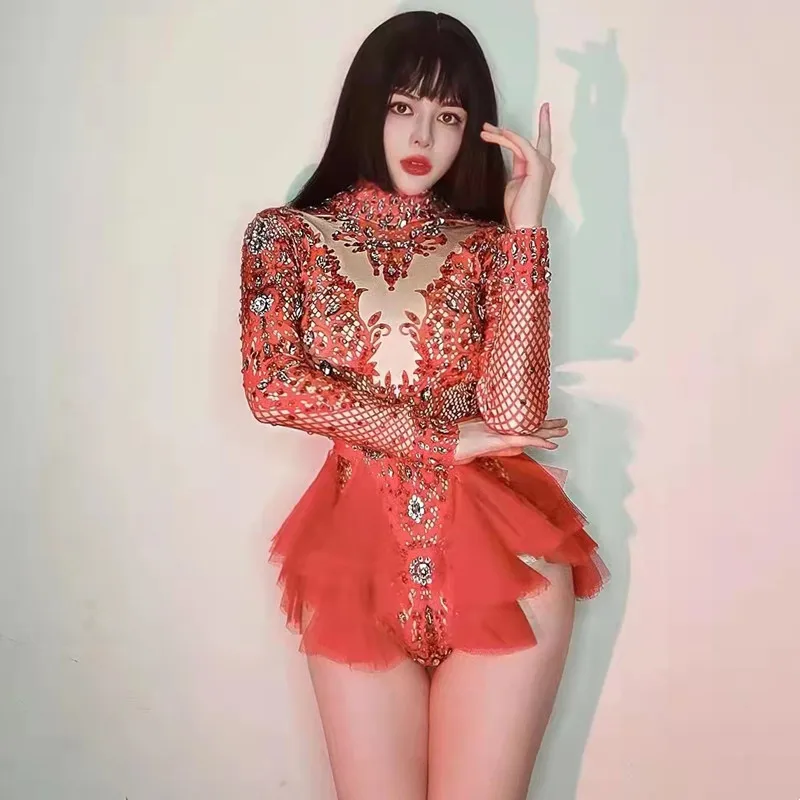 

Блестящий купальник со стразами и принтом, сексуальный женский костюм для ночного клуба, танцевальный костюм, день рождения, шоу, танцовщица, команда, розовое боди