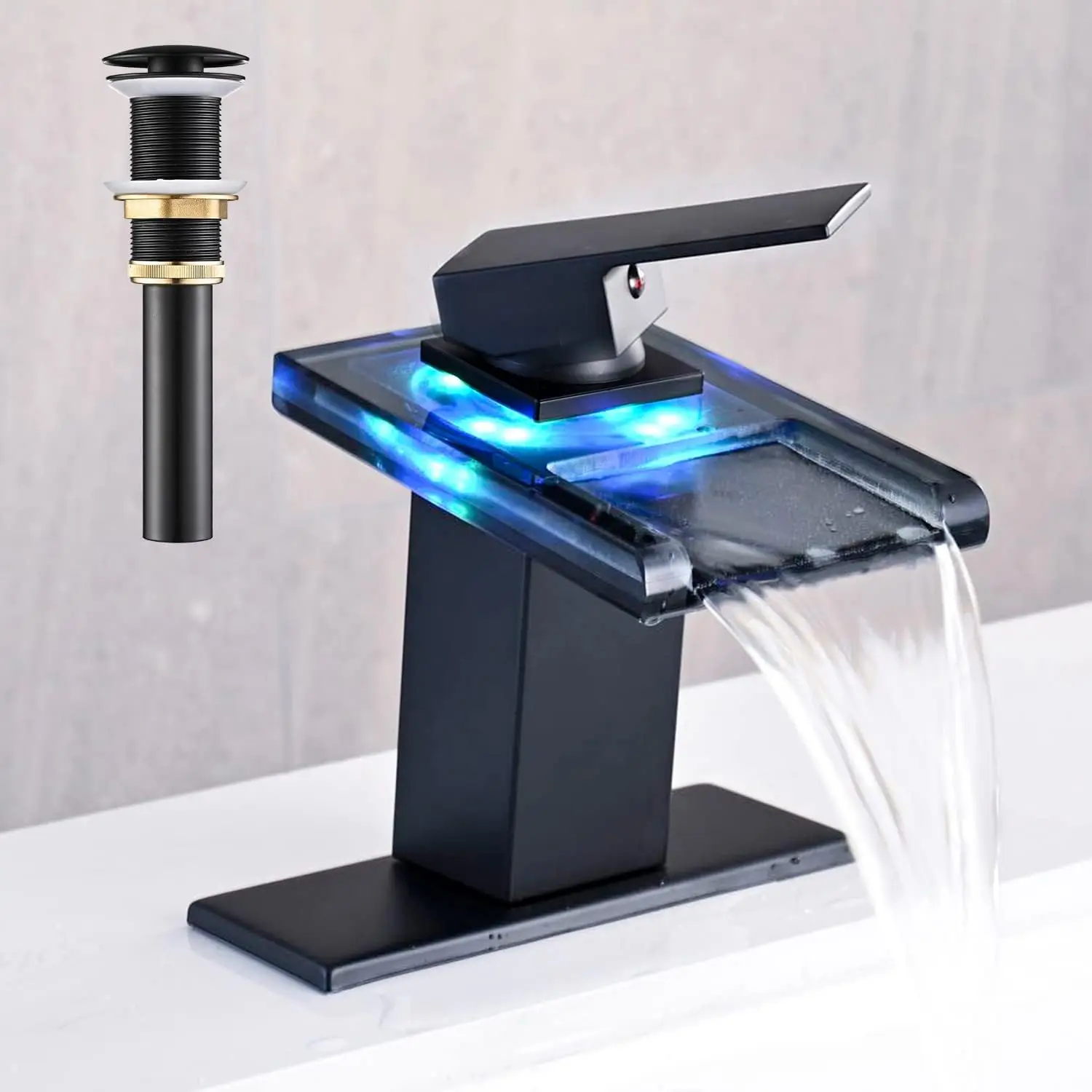 

Matte Black LED Waterfall Sink Faucet with Metal Drain and Glass Spout for Single Hole Installation