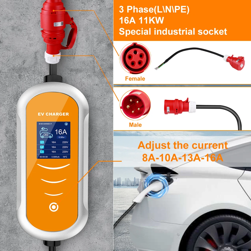 IPENGEN EV Charger 16A 11KW Type 2 IEC-62169 CEE Plug Adjust Current Timer EVSE Charging For Hybrid Eletric Vehicle Cars ﻿