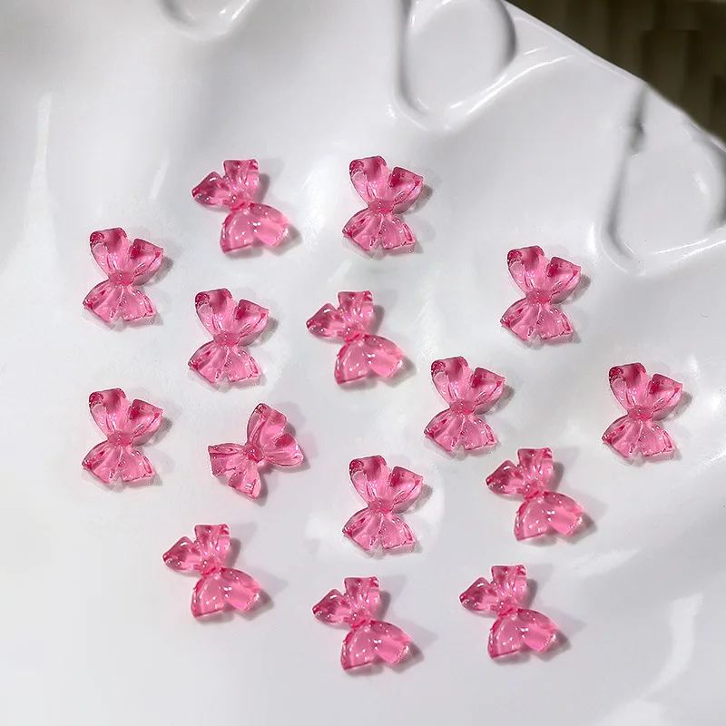 Breloques à ongles 3D nœud papillon ruban rose, 100 pièces, 8x10mm, transparent, nickel é, nœud en cristal, bricolage Kawaii