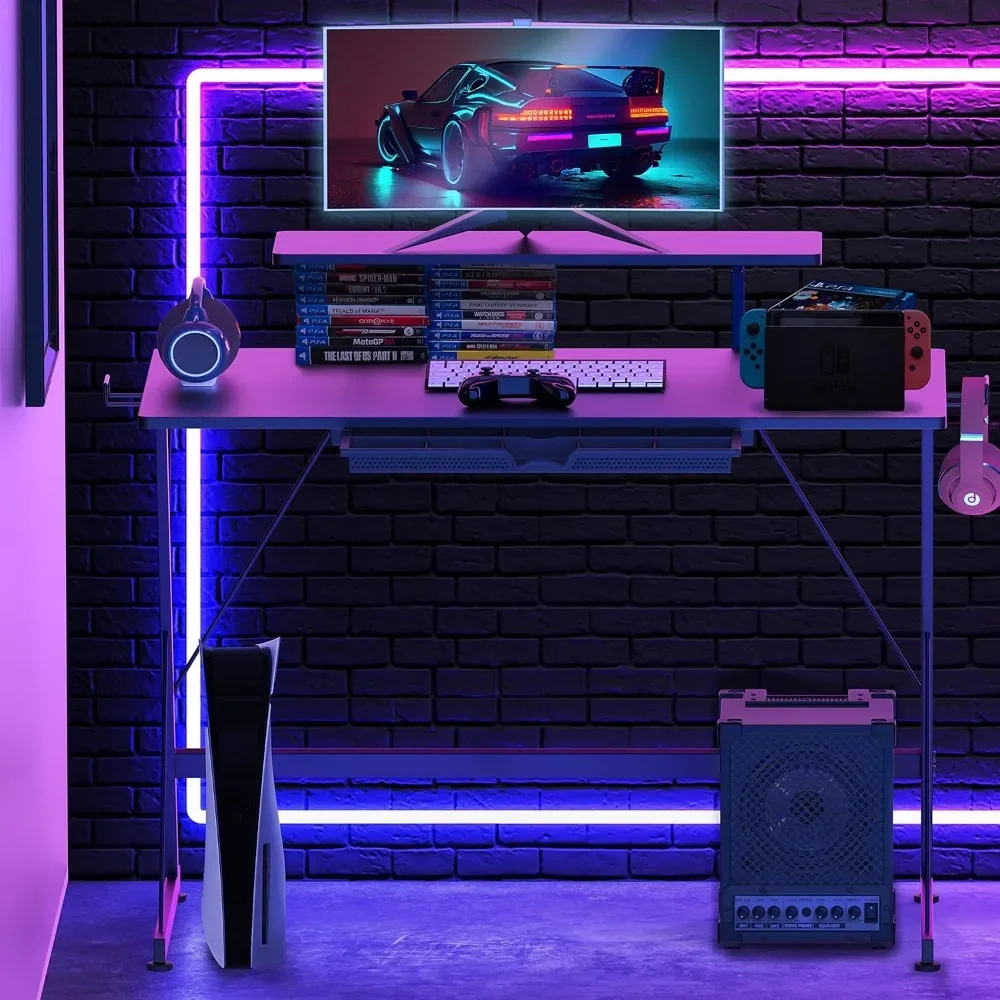 Mesa para jogos de 40 polegadas com elevador de monitor, gaveta e ganchos, preta