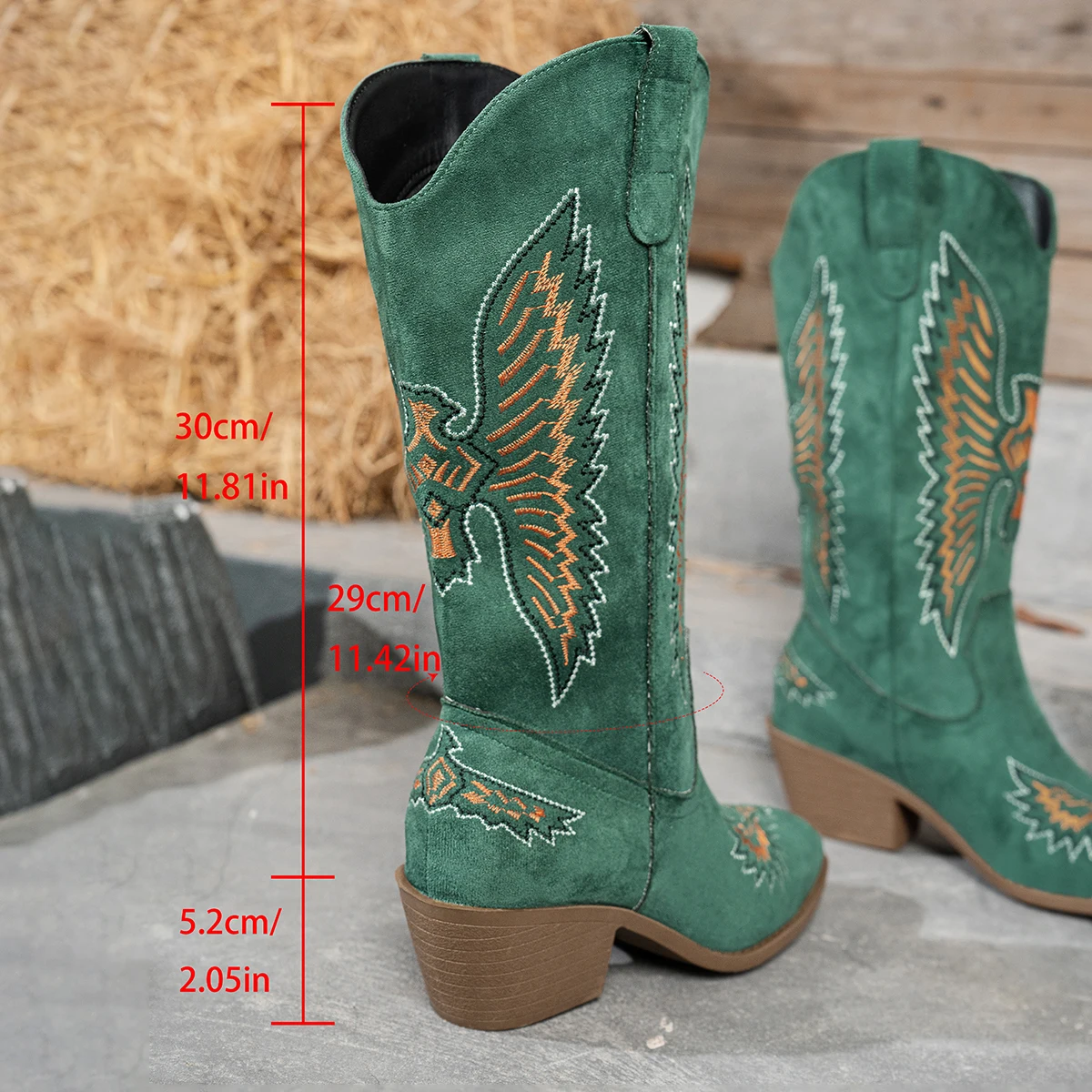 New Women Winter chunky heel pointed Toe Retro Embroidery Western Cowboy Boots Fashion V-mouth Suede Mid-Calf Boots Plus Size 43