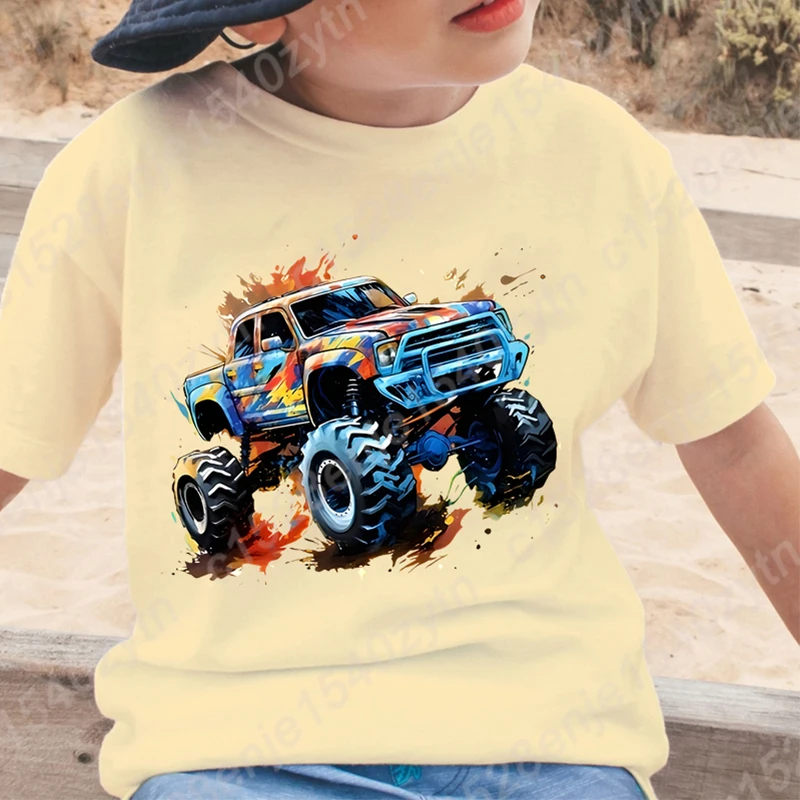 Cartoon Car Graphic Short Sleeve Crew Neck T-Shirt for Boys, Trendy Summer Casual Tee Gift