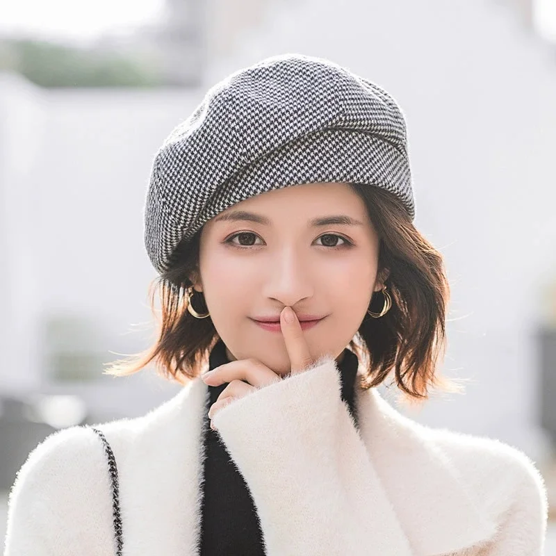 Women's Fall/Winter Beret: Versatile Japanese-Style Houndstooth Vintage Octagonal Hat, British-Style Artist's Hat