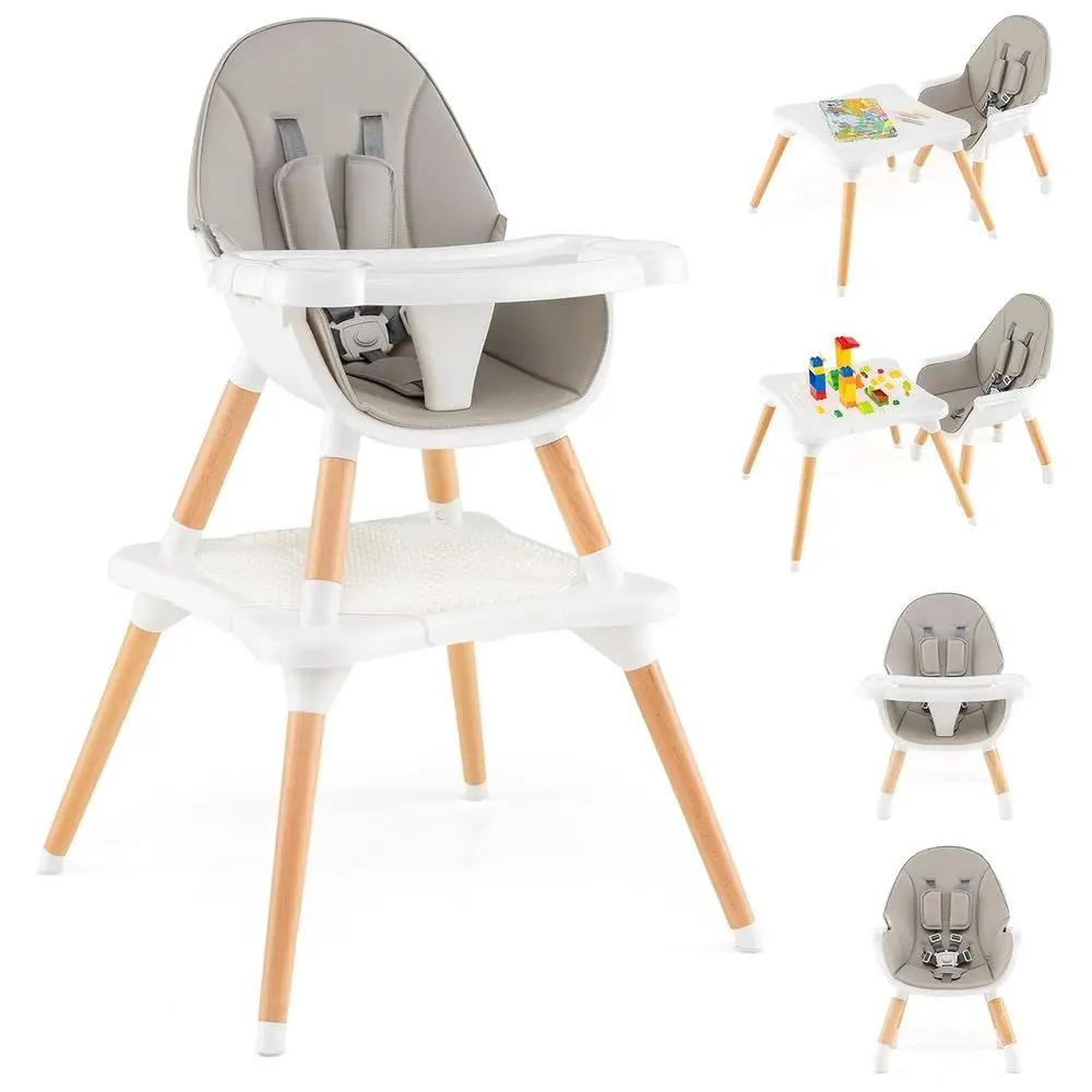 

6-in-1 Multifunctional Wooden High Chair with Safety Harness and Removable Feeding Tray for Babies and Toddlers (Gray)