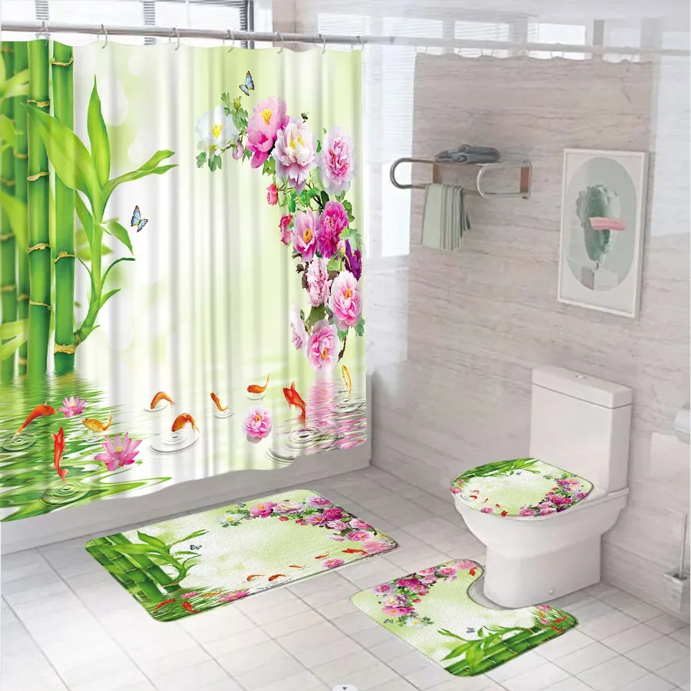 Zen Spa Garden Bamboo Bathroom Set Shower Curtain Non-Slip Rug Bath Mat Toilet Cover Peony Butterfly Fish Lotus Bathtub Curtains