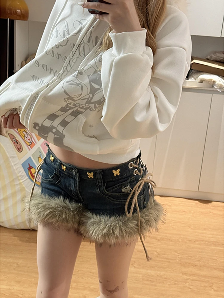 Plush patchwork denim shorts women's autumn and winter new y2k lace up slim fit personality trendy bag hip pants