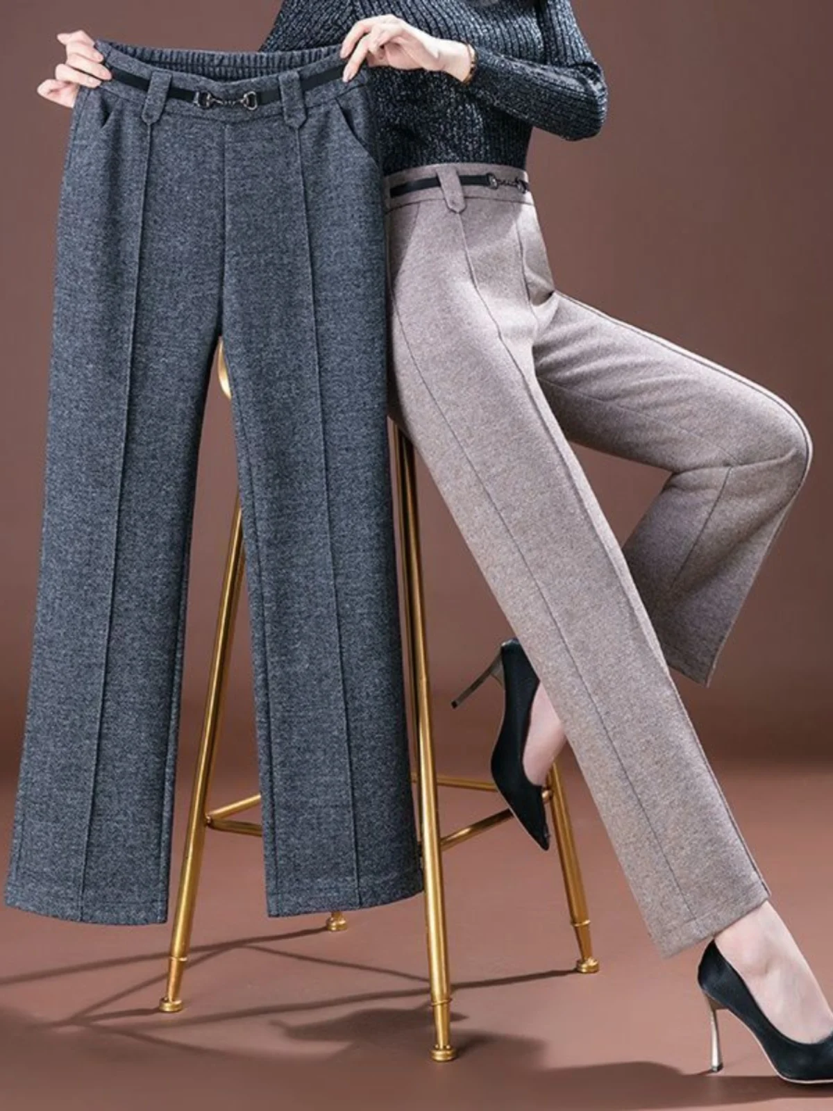 Autumn Winter Thickened Stylish Slimming Woolen Straight Leg Pants Casual Trousers for Middle-Aged Women High Waist Long Pants