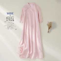 Vintage High Quality Embroidery Flower Long Dress Women Summer Oversize Cheongsam Robe Cotton Holiday Casual Vestidos X1283