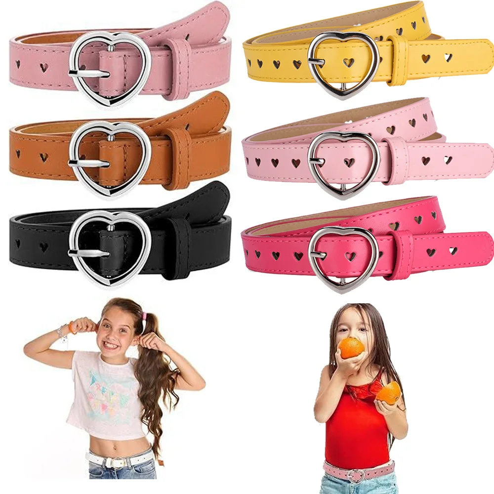 Children Belt Kids Cute Peach Heart Buckle Faux Leather Belts For Girls Love Heart Eyelet Grommet Waist Belt Solid Waistband