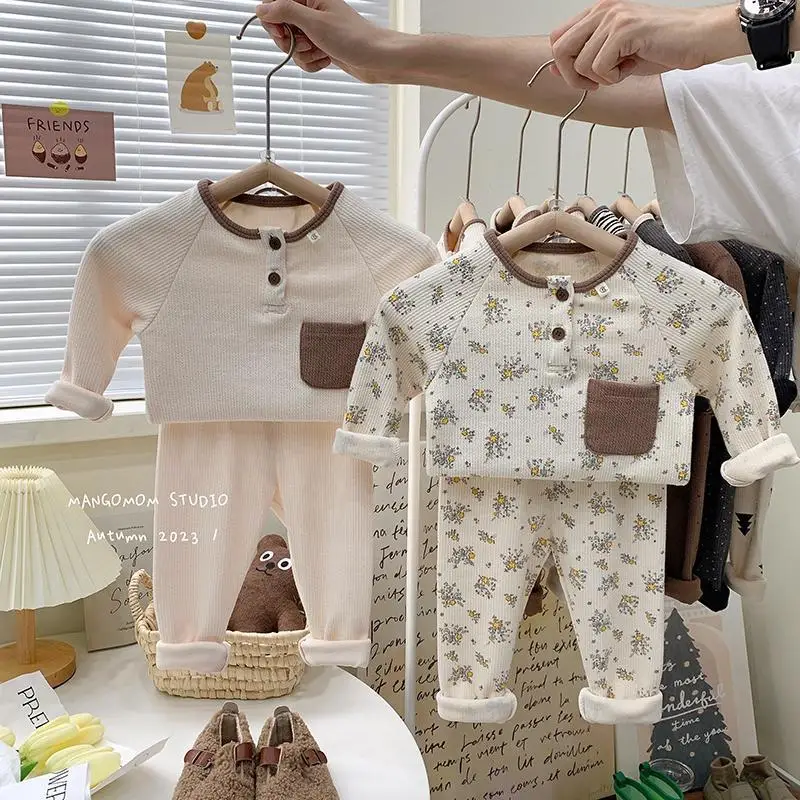 Children\'s Pajama Sets 2023 Autumn Kids Knitted Home Clothing Set Girs Boys Tops Pants Set Korean Baby Sleepwear Homewear