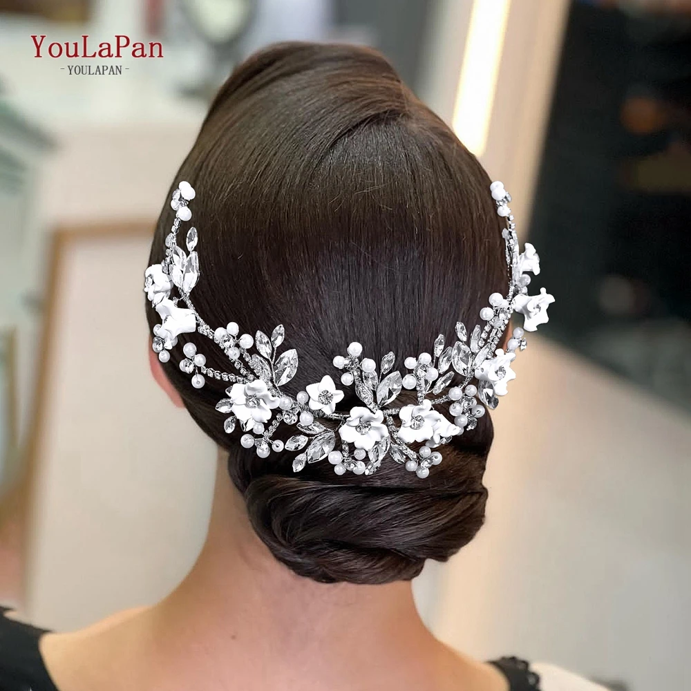 

YouLaPan Bride Silver Color Rhinestones Heabdand Wedding White Color Flower Hair Jewelry Bridal Hairhoop Hair Accessories HP945