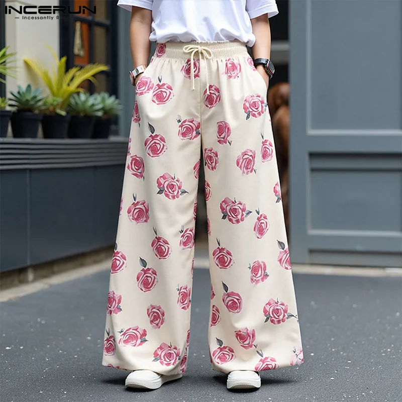 

INCERUN модные мужские брюки с цветочным принтом на шнурке, свободные прямые брюки, мужская уличная одежда, 2025 г., повседневные длинные брюки для бега, S-5XL