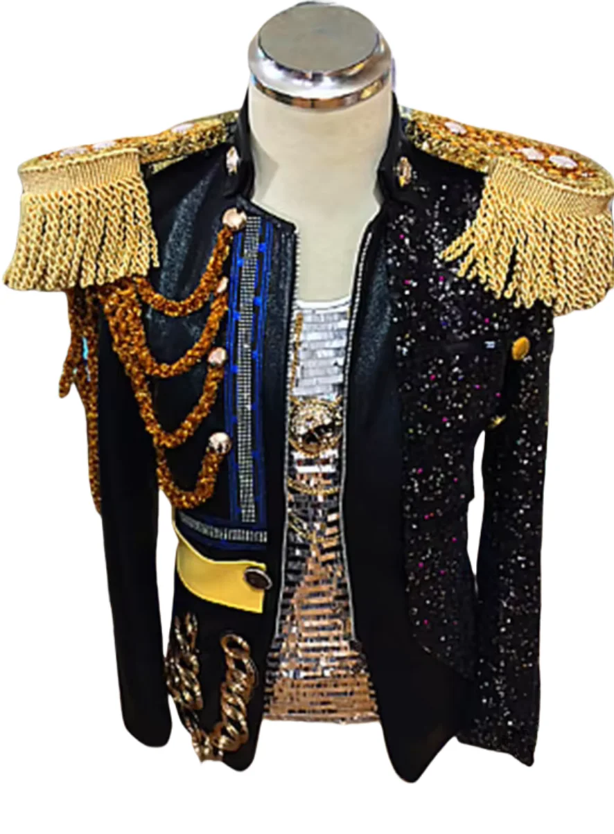 Handmade Man Cool Chain Epaulet Tassel Roayl Jacket  Stage Host Party Show Performal Dress  Bar Singer Theme Clubwear