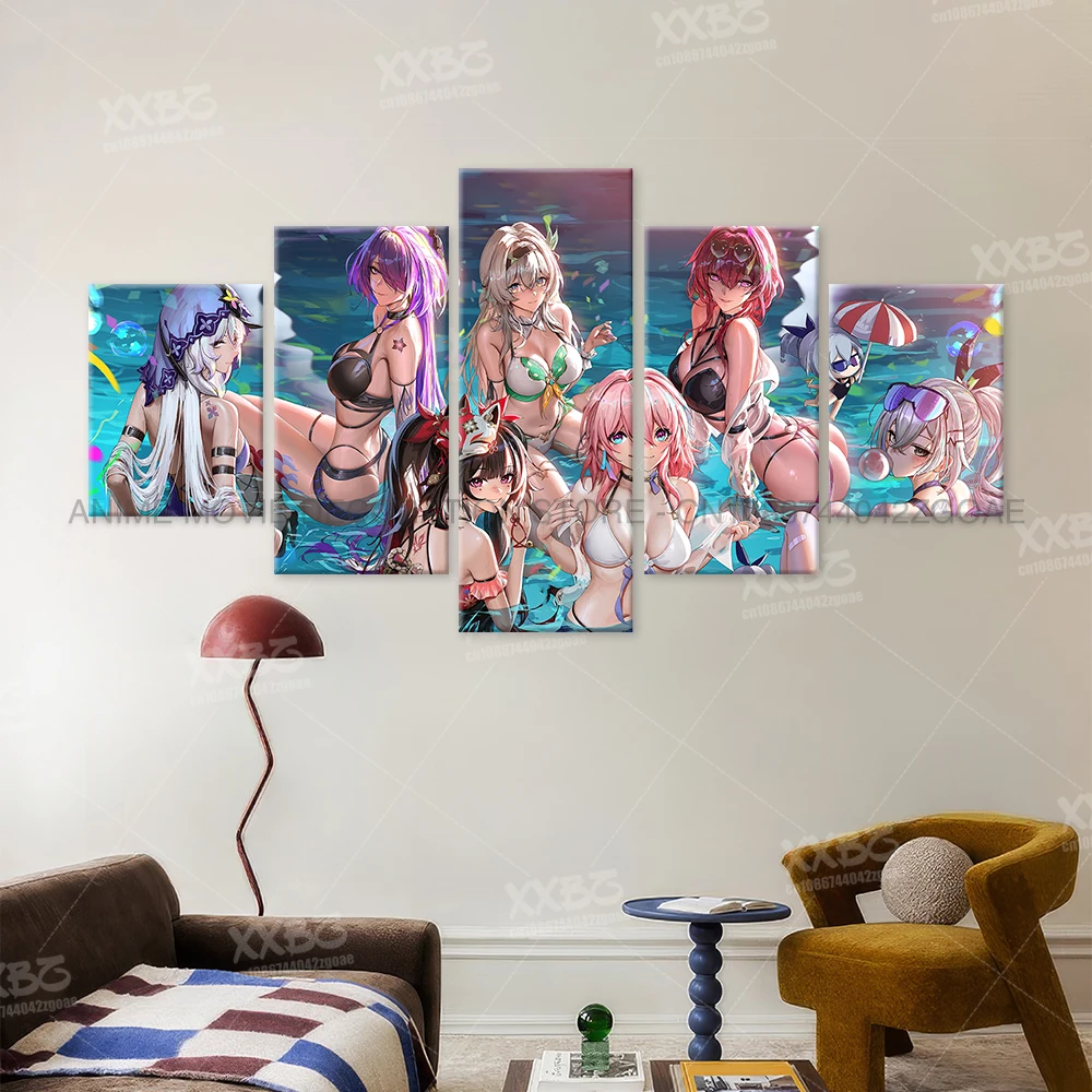 

5 шт., игра, аниме, настенная живопись, холст, картины, принт, домашний декор, Honkai: Star Rail, постер с персонажем, комната, безрамная фреска