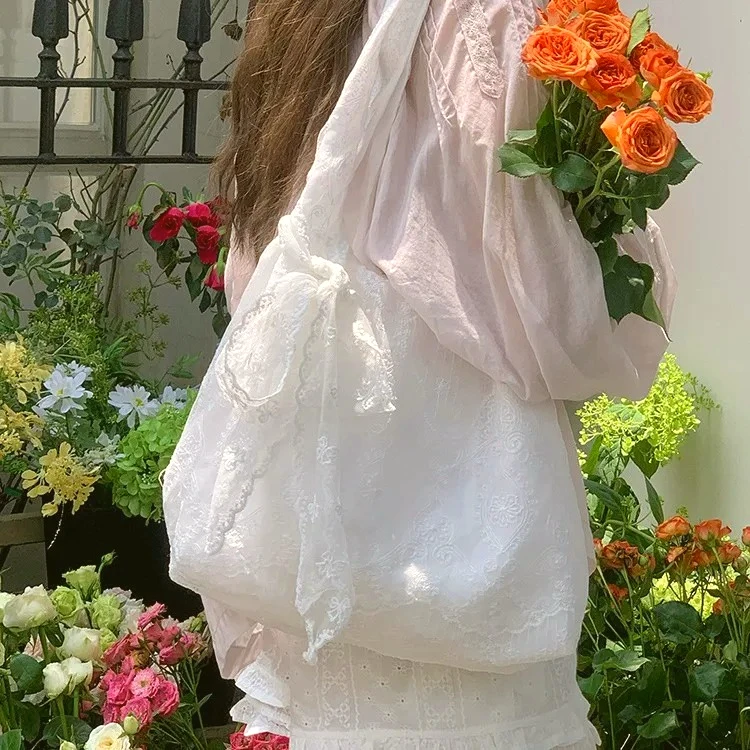 Sweet Lace Flower Women's Shoulder Bag Large Capacity Female Fairy Tote Vest Bag Commuter Girls Floral Armpit Bag Travel Handbag
