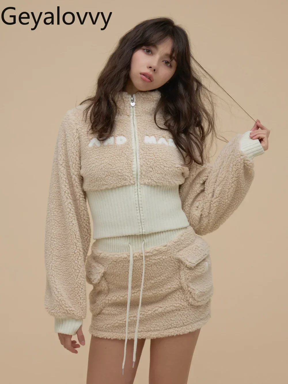 

Autumn Winter Stand Collar Zipper Short Jacket Japanese Style Lamb Wool Women's Coat and High Waist Pocket Skirt Two-Piece Set