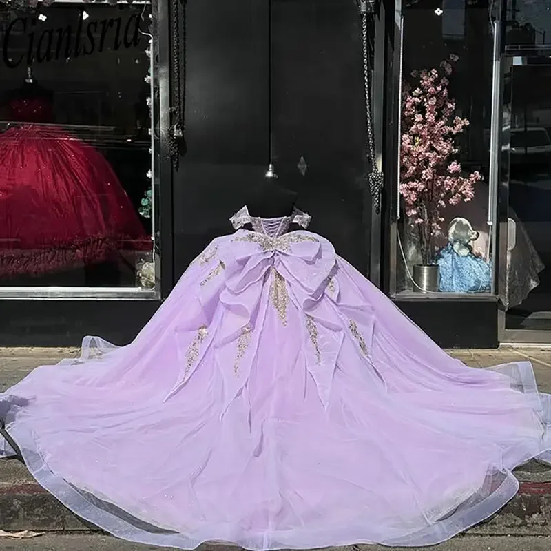 أرجواني قبالة الكتف القوس فساتين Quinceanera الكرة ثوب الذهب يزين الدانتيل الديكور الحلو 15 Años المكسيكي مخصص