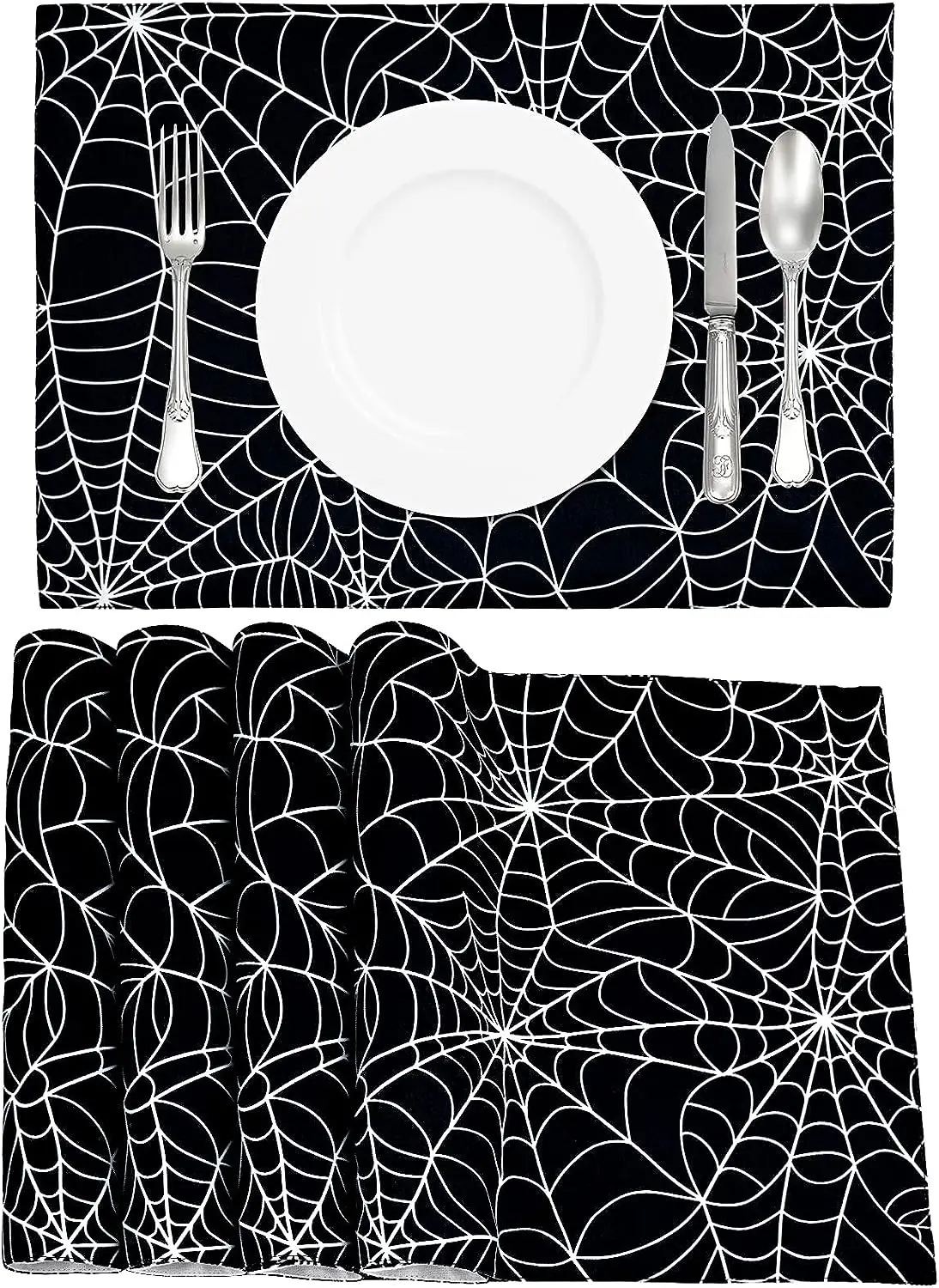 4 Pcs Halloween Placemats Washable Black Spider Web Place Mats Non Slip Heat-Resistant Table Mat for Dining Halloween Decoration