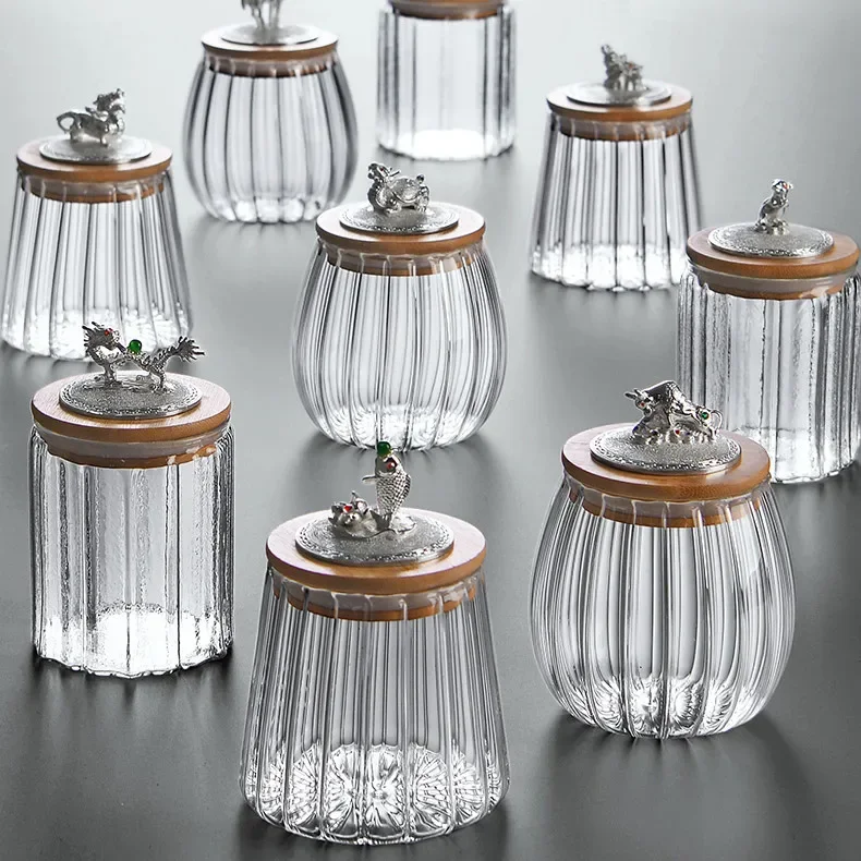 

Glass Tea Pot Transparent Sealed Jar with Silver Cover Scented Tea Box Bamboo Cover Portable Storage Jar Household Finishing Box