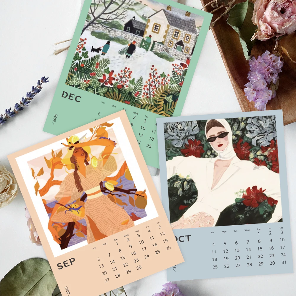 

1 шт. Подвесной календарь на 2026 год, серия «Девочка с цветочным рисунком», 12 красивых дизайнов, идеальный подарок на день рождения, Рождество, Новый год