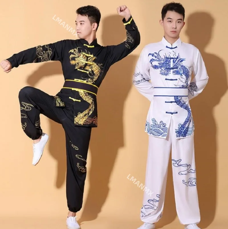 New Chinese Style Men Women Embroidered Dragon Kung Fu Suit Tai chi Wushu Uniform Outdoor Sport Long Sleeve Jacket Pants Sets