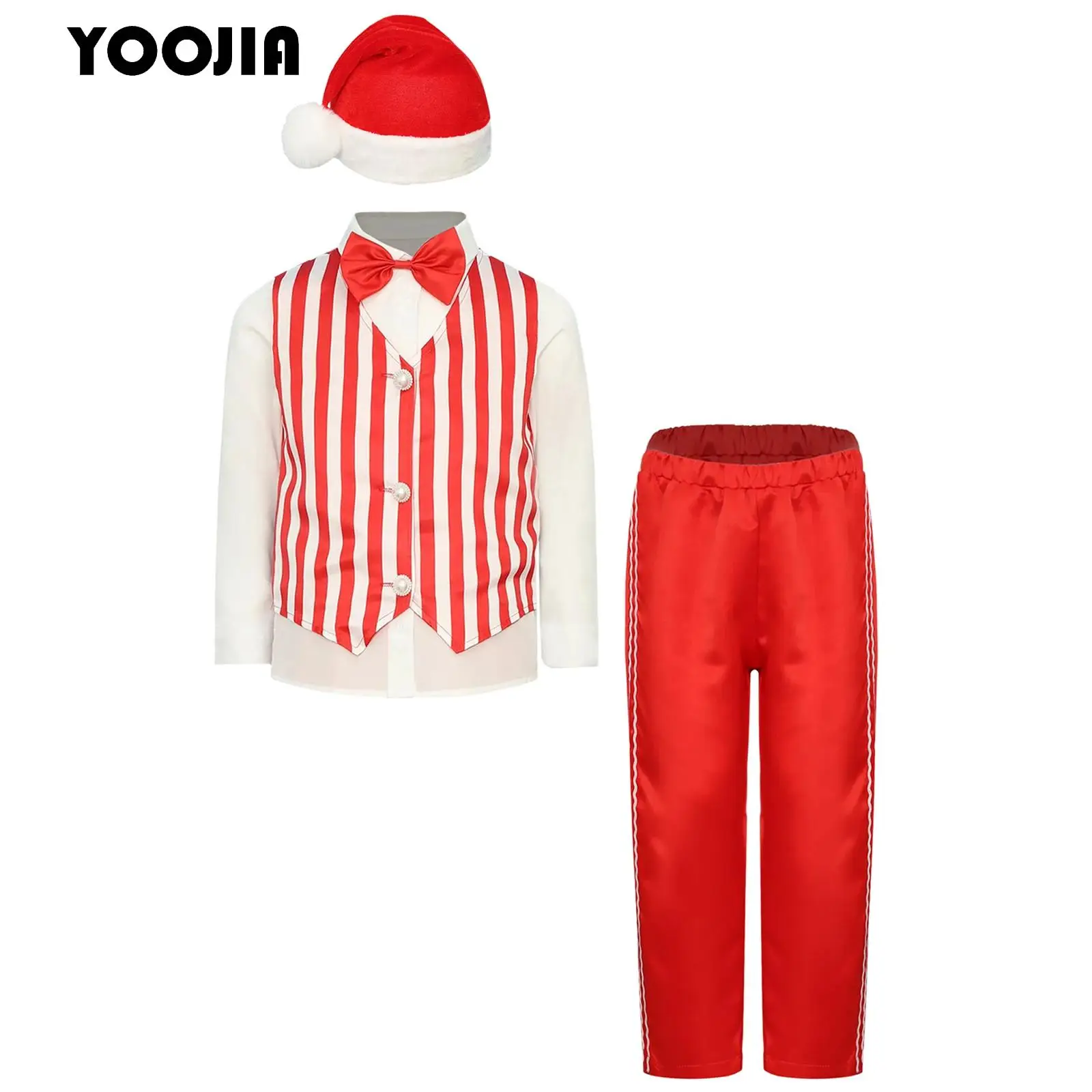 4Pcs Boys Candy Cane Christmas Costume Gentleman Party Outfit Xmas Santa Clause Cosplay Striped Shirt+Pants+Waistcoat+Hat Set