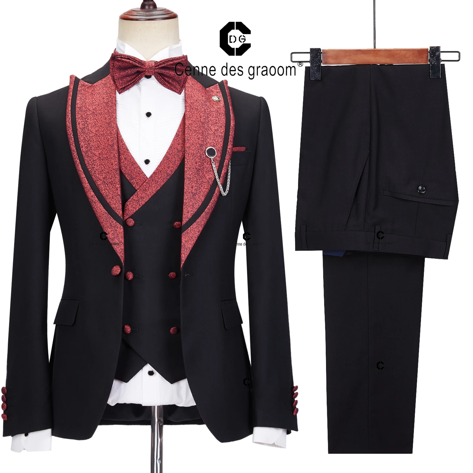 

Bosdan Gulden 2023 Elegant Suits for Men Black and Red Tuxedo Jacket Vest Pants with Bowtie 4pcs Set Wedding Dress Grooms